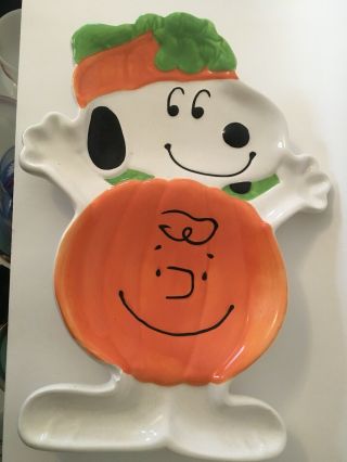 Vtg Hallmark Snoopy Ceramic Halloween Pumpkin Candy Plate Dish Vintage Decor