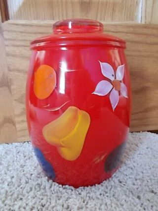 Retro Vintage Bartlett Collins Glass Cookie Jar Red With Fruit Gay Fad 9 " Size