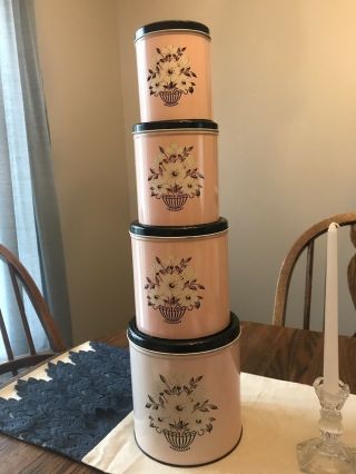 Vintage Mid - Century Retro Canisters Set Of 4 Floral Decoware Usa Pink Black