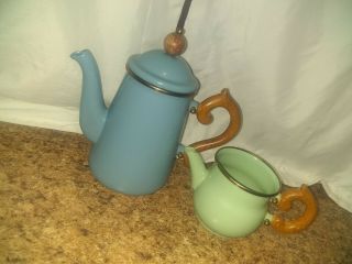 Mackenzie - Childs Teapot & Creamer Pitcher Wood Handle Victoria And Richard Blue