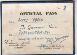 Government House Melbourne Victoria Australia Official Pass Card For Mrs York