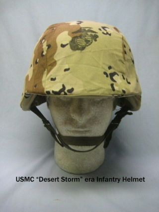 Usmc Infantry Helmet With Desert Storm " Chocolate Chip " Camo Cover