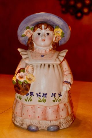 Vintage Cookie Jar Country Girl With Hat & Glass Eyes Holding Flower Basket