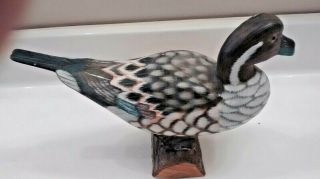 Vintage Hand Carved Wooden Duck Mounted on Tree Branch 2