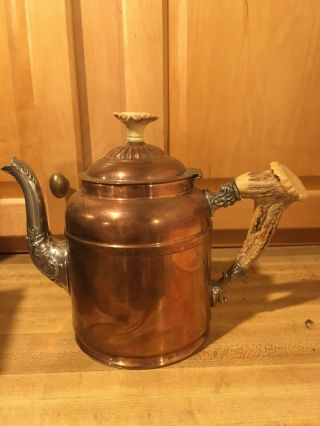 Vintage Copper Teapot With Antler Handle