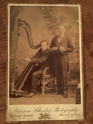 Musicians Male Harp & Concertina Players London C1890 Cabinet Card Photograph