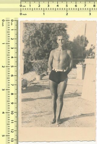 1930s Muscular Shirtless Guy Beach,  Beefcake Man Trunks Bulge Gay Int Old Photo