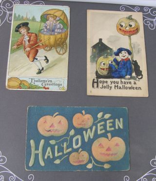 Vintage Halloween Post Card Germany Watercolor Jack O Lantern Black Cat Bergman