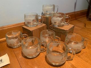 8 Vintage Nestle Nescafe Etched Clear Glass World Globe Coffee Mugs Cups