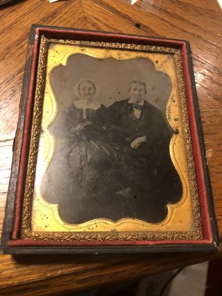 Quarter Plate Tintype Photograph - Stamped Neff - 1/2 Case Older Couple Ca 1850s