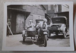 Harley Davidson Motorcycle & Sidecar & Old Car With Maytag Ad - Photo - 1920s?