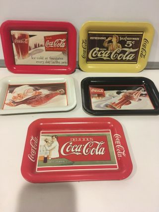 5 Coca - Cola Tin Trays 1991 & 1989 W/ Advertisement 1907,  1937,  1935 1948 Ads