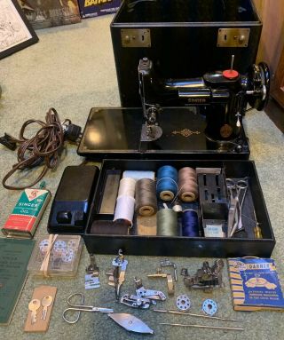 1948 Singer Featherweight 221 - 1 Sewing Machine W/ Case & Accessories Great