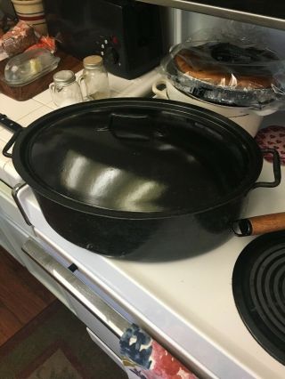 Large Vintage Black Enamel Roaster Roasting Pan Dutch Oven & Lid Cover