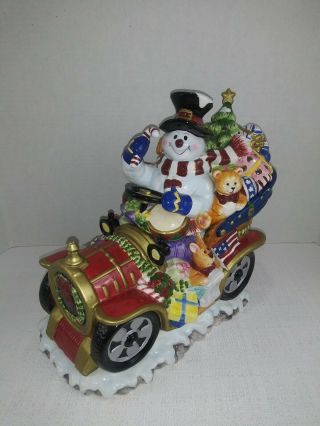 Rare Ceramic Cookie Jar Snowman Antique Car Christmas Tree Holidays Presents