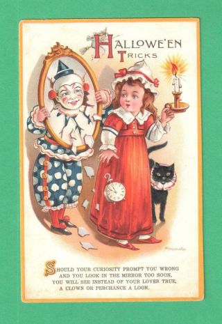 Vintage Aleinmuller Halloween Tricks Postcard Girl Candle Clock Cat Clown Mirror