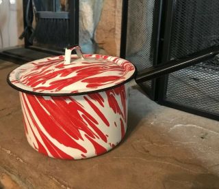 Spatterware Red And White Enamel Sauce Pan Rare Find Graniteware