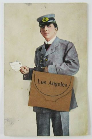 Vintage Mailman Mechanical Postcard Los Angeles Southern California Cities C1910