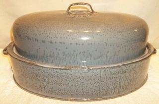 Vintage Gray Granite Enamel Ware Large Holiday Turkey Roaster Pan &