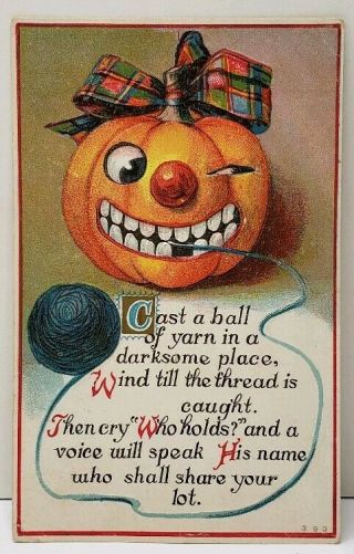 Pumpkin Plaid Bow Halloween Cast A Ball Of Yarn 1912 Embossed Htf Postcard F9