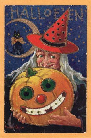Vintage Halloween Postcard,  Witch Holding Jol,  Embossed,  Glitter