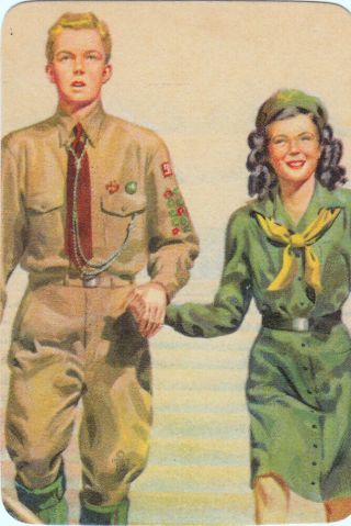 1 Playing Swap Card Us B/back Lithograph Boy Scouts & Girl Guides 1950s