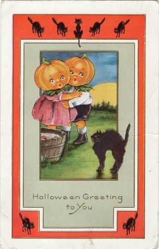 Halloween Postcard Published By Whitney,  Pumpkin Children Leaf Collars.