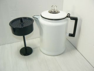Vintage Black & White Enamelware Coffee Pot Percolator Pyrex Glass Top