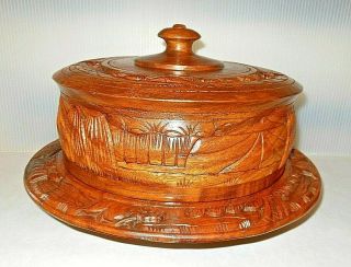 Mid Century Vintage Hand Carved Polynesian Wood Cake Saver Lazy Susan & Cover