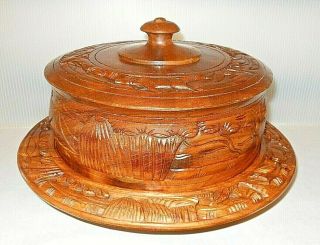 Mid Century Vintage Hand Carved Polynesian Wood Cake Saver Lazy Susan & Cover 2