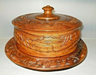 Mid Century Vintage Hand Carved Polynesian Wood Cake Saver Lazy Susan & Cover 3