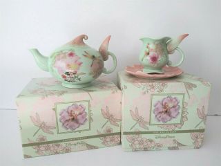 Disney Tinkerbell Porcelain Teapot Teacup & Saucer Set Sea Green Pink Floral Nib