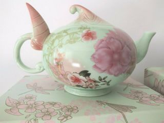 Disney Tinkerbell Porcelain Teapot Teacup & Saucer Set Sea Green Pink Floral NIB 2