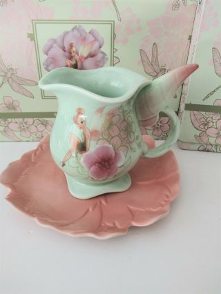 Disney Tinkerbell Porcelain Teapot Teacup & Saucer Set Sea Green Pink Floral NIB 3