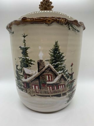 St Nicholas Square Snow Valley Christmas Cabin Cookie Jar With Pine Cone Lid