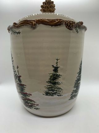 St Nicholas Square Snow Valley Christmas Cabin Cookie Jar with Pine cone Lid 2