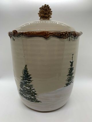 St Nicholas Square Snow Valley Christmas Cabin Cookie Jar with Pine cone Lid 3
