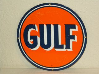 Vintage Gulf 12 " Porcelain Metal Sign - Oil Gas Station Pump Man Cave