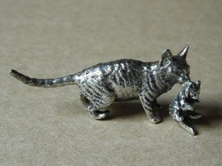 Vintage Small Silver - Tone Metal Cat Holding Kitten Figurine