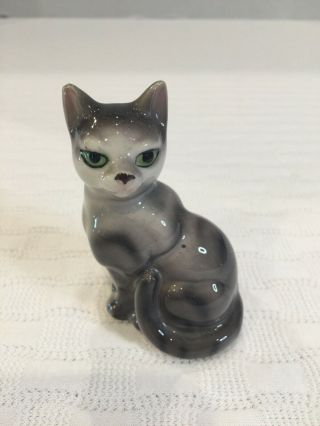 Cat Figurine Gray And White With Green Eyes Marked Japan Porcelain/ceramic