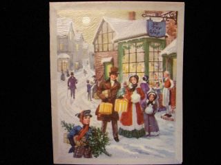 Vintage " Shopping At The Toy Shop - Oil Look " Christmas Greeting Card
