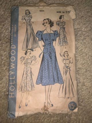 1930s Vintage Sewing Pattern Hollywood Dress Size 16 Bust 34 1554