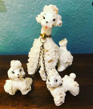 Vintage Lefton Spaghetti Poodle Dogs Mom & Pups Set Porcelain Figurines Japan