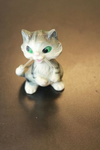 Vintage Small Gray And White Cat Statue Glass Clear Whiskers Green Eyes 3 " Tall