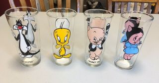 3 Pepsi 1973 Looney Tunes Collector Series & 1 Sylvester Cat Glasses Warner Bro