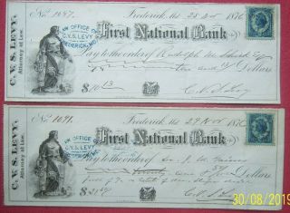 1876 First National Bank Frederick Md - 2 Checks,  Lady Liberty,  Crest,  Ir