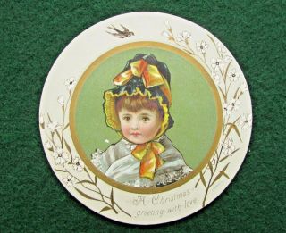 Victorian Circular Xmas Card,  Little Girl In Bonnet,  Floral Border