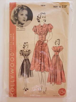 1930s Vintage Sewing Pattern Hollywood Dress Size 12 Bust 30 Ida Lupino 1940s