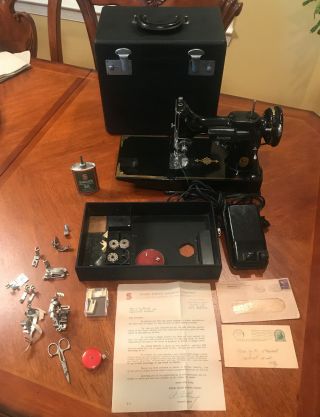 Singer Sewing Machine 221 Featherweight With Case And Attachments And Documents