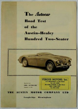 1953 Autocar Test Drive Of The Austin Healey 100 Sales Brochure Article